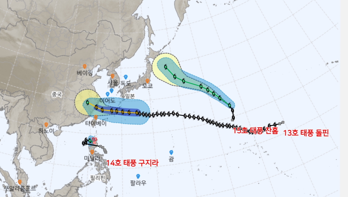 ▲제13호 태풍 '돌핀', 제14호 태풍 '구지라', 제15호 태풍 '찬홈' 예상 경로 (출처=기상청 날씨누리)