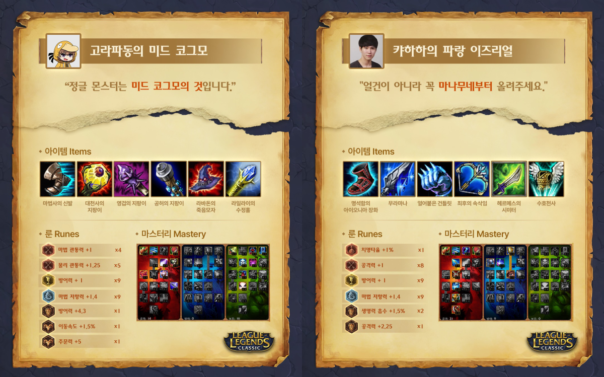 ▲고라파동의 미드 코그모(왼쪽)ㆍ캬하하의 파랑 이즈리얼(오른쪽)의 추천 아이템ㆍ룬ㆍ마스터리. (출처=리그 오브 레전드 코리아 SNS 캡처)
