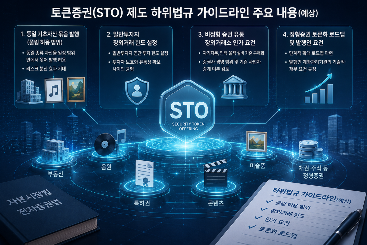 ▲토큰증권(STO) 하위법규 예상안에는 기초자산 풀링, 일반투자자 거래한도, 장외거래소 인가요건, 정형증권 토큰화 로드맵 등이 포함될 것으로 예상된다. (챗GPT)