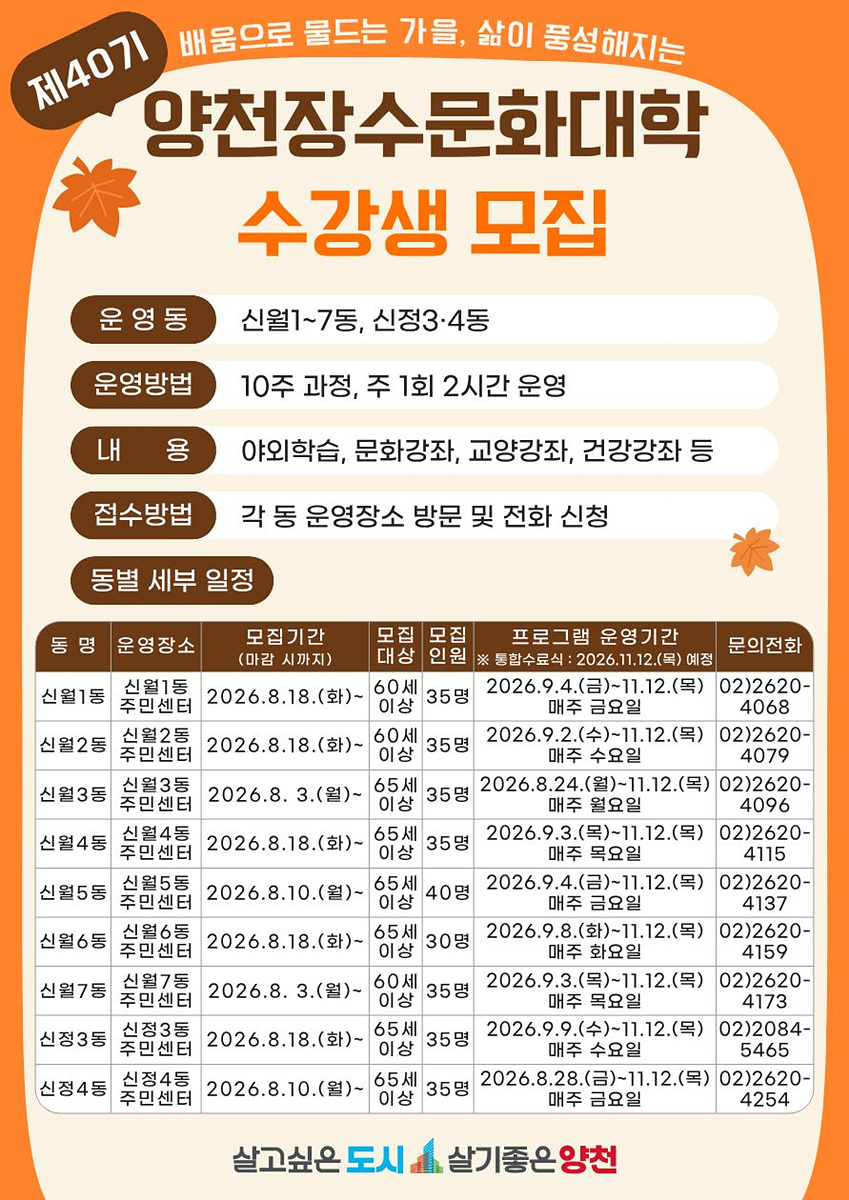 ▲‘제40기 양천장수문화대학’ 수강생 모집 안내문. (사진 제공 = 서울특별시 양천구)