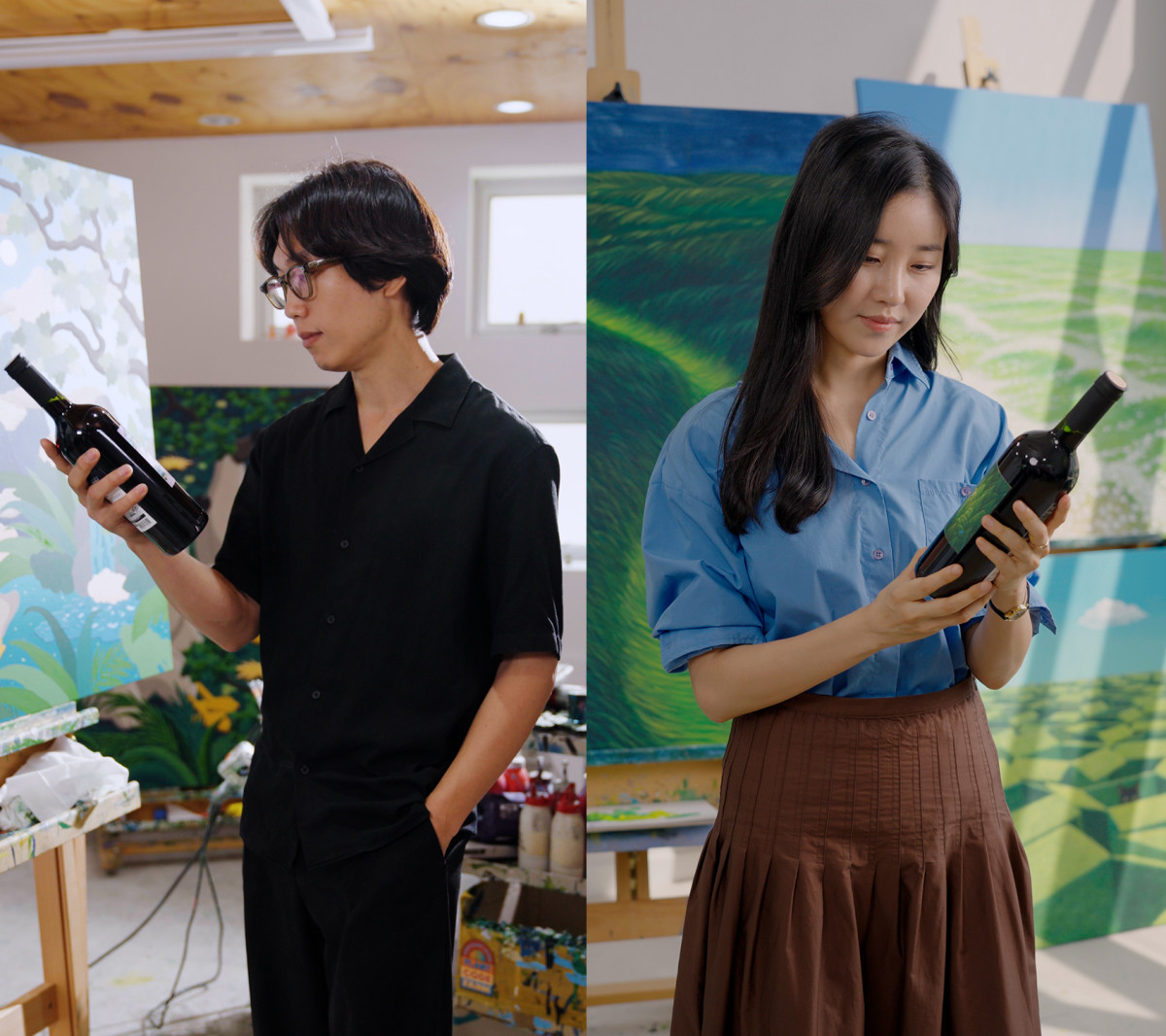 ▲김선우(왼쪽), 김물길 작가가 자신의 작품이 라벨로 만들어진 '아트 인 바틀(Art in a bottle)’ 와인을 살펴보고 있다. (사진제공=GS리테일)