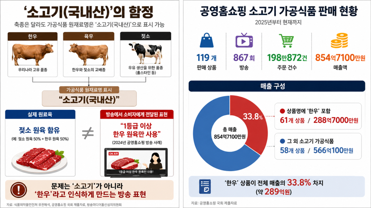 ▲소고기(국내산) 표기의 함정, 공영홈쇼핑 소고기 가공식품 판매 현 (ChatGPT 생성 이미지)