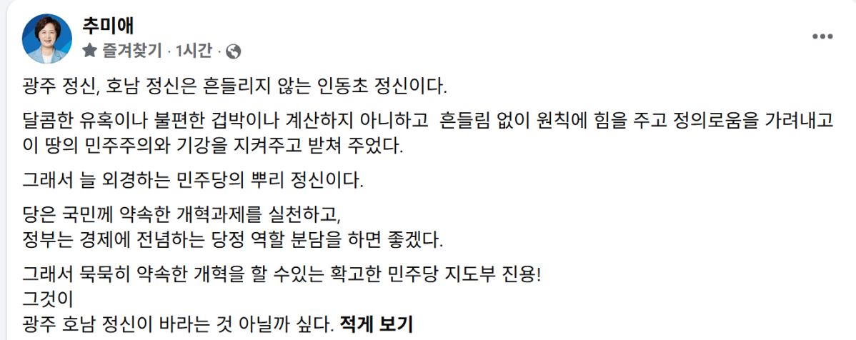 ▲추미애 경기도지사. 추 지사는 9일 자신의 페이스북에 "광주 정신, 호남 정신은 흔들리지 않는 인동초 정신"이라며 더불어민주당의 뿌리 정신을 강조하는 글을 올렸다. (추미애 경기도지사 페이스북)