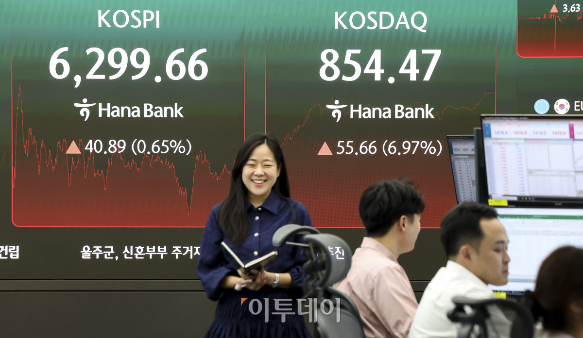 ▲10일 오후 서울 중구 하나은행 딜링룸 전광판에 코스피와 코스닥 지수가 표시되고 있다. 이날 코스피는 전 거래일보다 0.65% 오른 6,299.66, 코스닥은 6.97% 오른 854.47에 마감했다. 코스닥은 장중 6%대 급등세를 보이며 유가증권시장에 프로그램매수호가 일시효력정지(매수 사이드가)가 발동되기도 했다. 고성준 기자 joonko1@