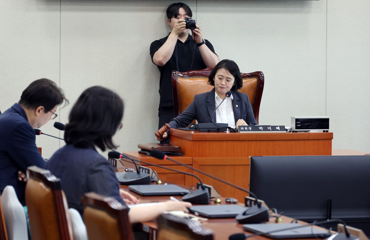 ▲박지혜 탄소중립기본법심사소위원회 위원장이 10일 여의도 국회에서 기후위기특별위원회 탄소중립기본법심사소위원회를 주재하고 있다. (연합뉴스)