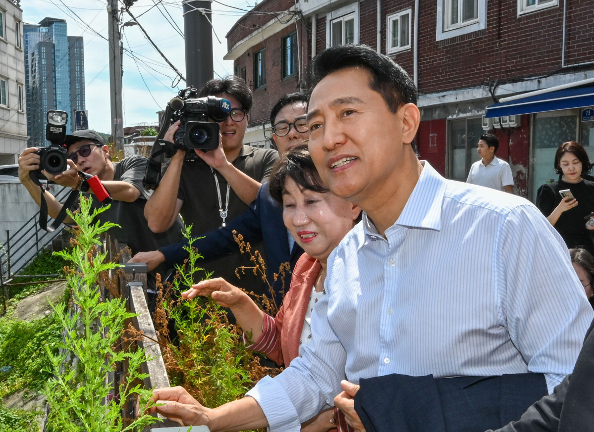 ▲오세훈 서울시장이 11일 서울 용산구 서계·청파동 정비사업 현장을 방문해 현장 점검을 하고 있다. (공동취재) 2026.08.11. (뉴시스)