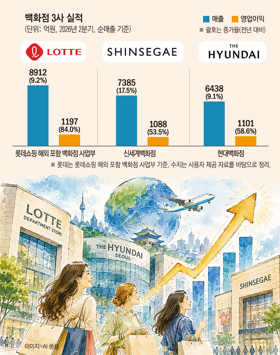 ▲국내 백화점 3사, 2분기 매출 및 영업이익 (이투데이 그래픽팀=손미경 기자)