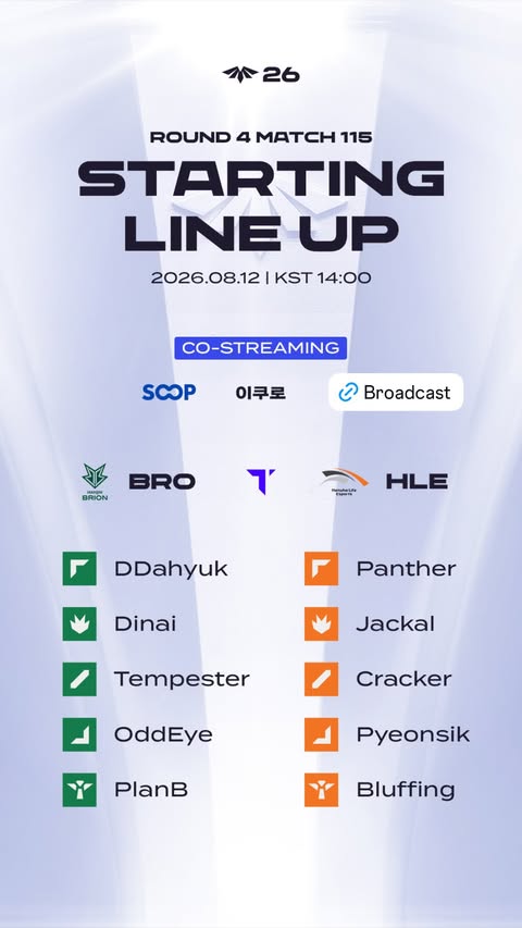 ▲12일 BRO vs HLE 선발 라인업. (출처=LCK CL 공식 SNS 캡처)