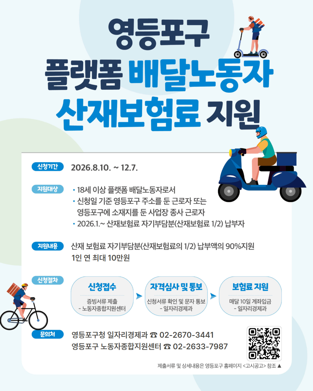 ▲플랫폼 배달노동자 산재보험료 지원 사업 안내문. (사진 제공 = 서울특별시 영등포구)
