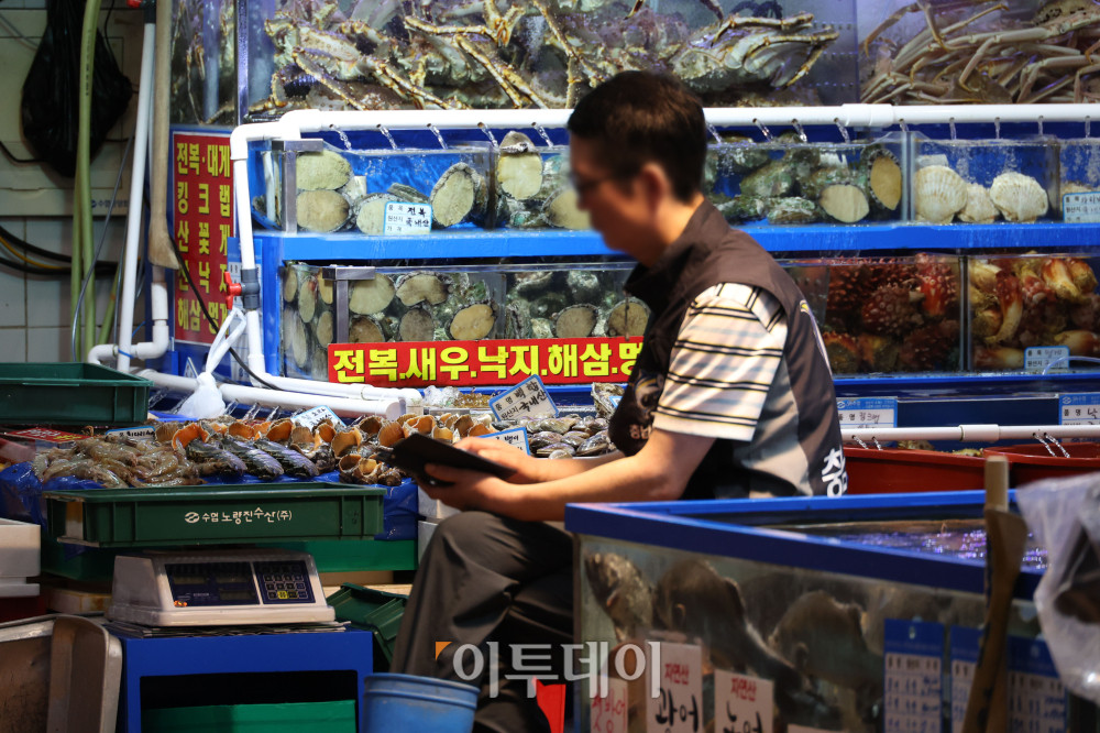 ▲기록적인 폭염과 가뭄이 이어지고 해수 온도까지 치솟으면서 양식어류와 가축 폐사 피해가 확산하고 있다. 정부는 농축수산물 가격 변동과 수급 불안에 대응해 광어·우럭 등 양식어류의 조기 출하를 유도하고, 수산물 구매 시 최대 50% 할인 지원을 이어가는 등 수급 안정 대책을 강화한다는 방침이다. 13일 서울 동작구 노량진수산시장이 비교적 한산한 모습을 보이고 있다. 고이란 기자 photoeran@