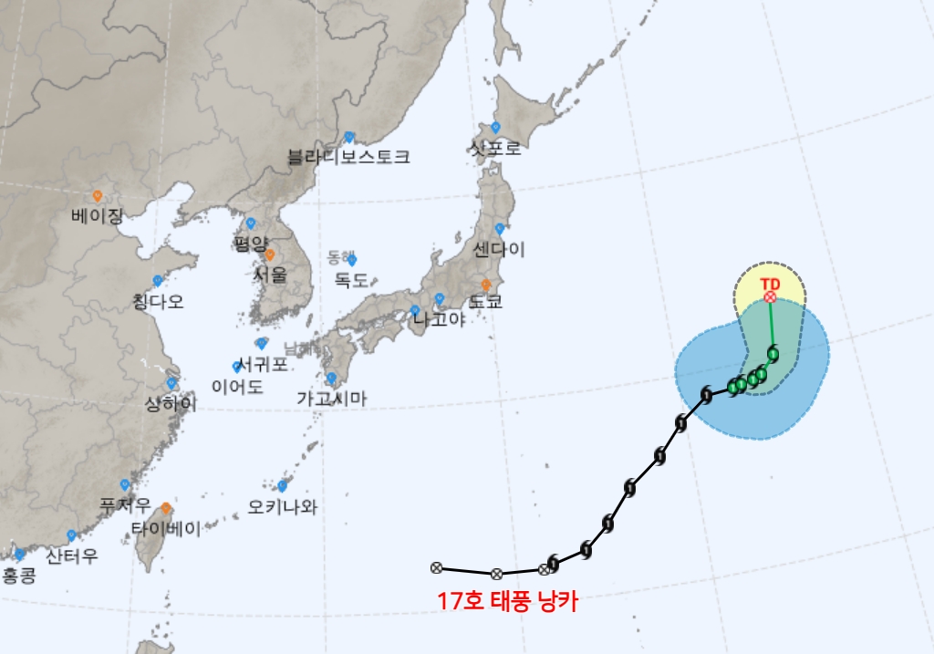 ▲제17호 태풍 '낭카' 예상경로 (출처=기상청 날씨누리)