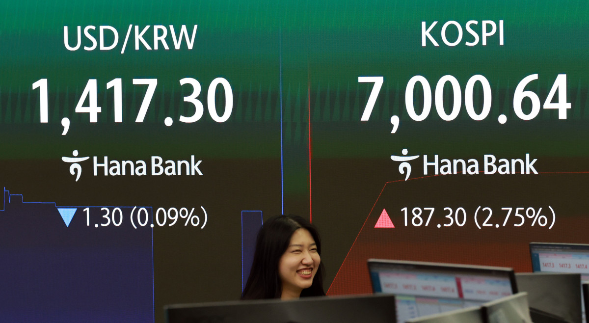 ▲<YONHAP PHOTO-3492> 코스피, 2%대 상승 출발…장중 '7천피' 회복    (서울=연합뉴스) 한종찬 기자 = 14일 코스피가 5일 연속 상승세를 나타내고 있다. 지수는 182.33포인트(2.68%) 오른 6,995.67로 출발, 장 초반 7,010.86(+2.90%)까지 오르며 '7천피'를 터치하기도 했다. 이날 서울 하나은행 본점 딜링룸에서 딜러들이 업무를 보고 있다. 2026.8.14    saba@yna.co.kr/2026-08-14 09:14:26/<저작권자 ⓒ 1980-2026 ㈜연합뉴스. 무단 전재 재배포 금지, AI 학습 및 활용 금지> (연합뉴스)
