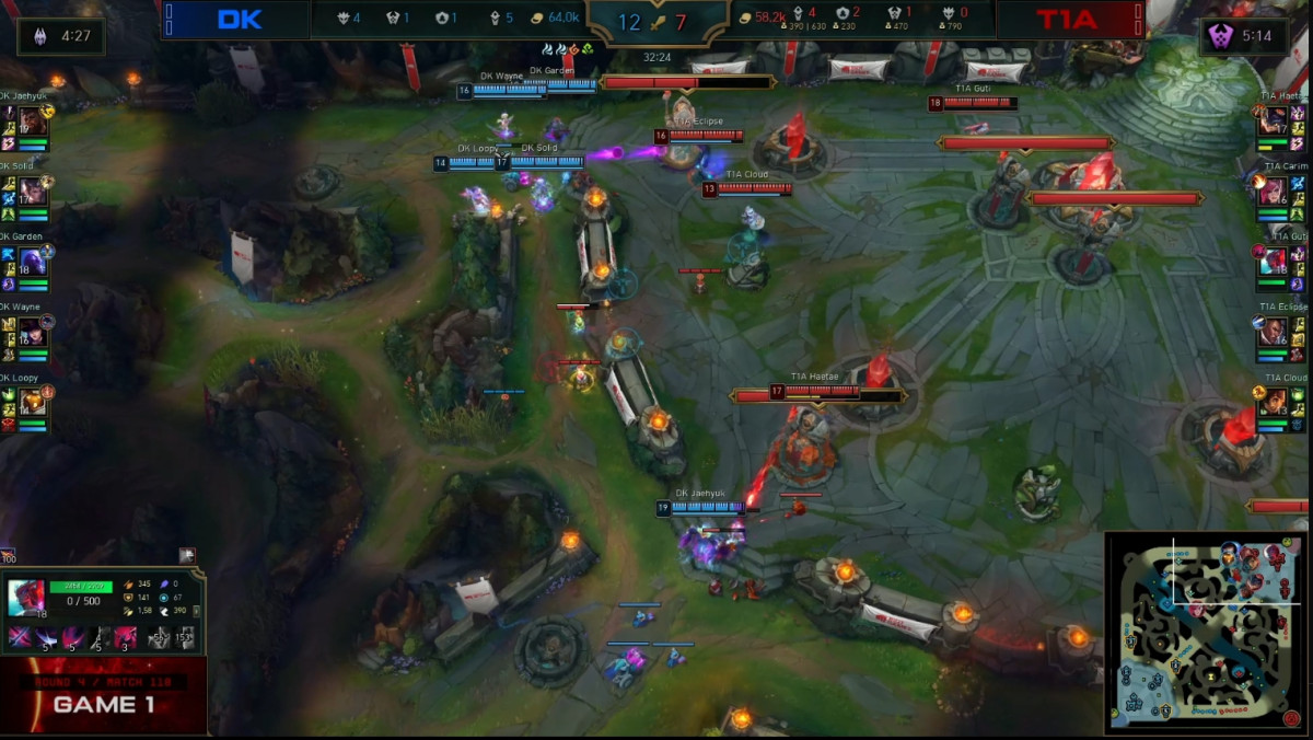 ▲14일 2026 LCK CL T1A vs DK 1세트 경기 장면. (출처=SOOP 't1esports' 중계 화면 캡처)