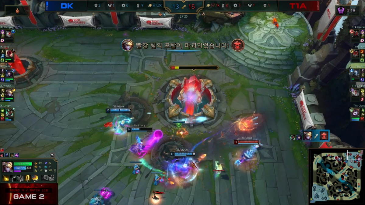 ▲14일 2026 LCK CL T1A vs DK 2세트 경기 장면. (출처=SOOP 't1esports' 중계 화면 캡처)