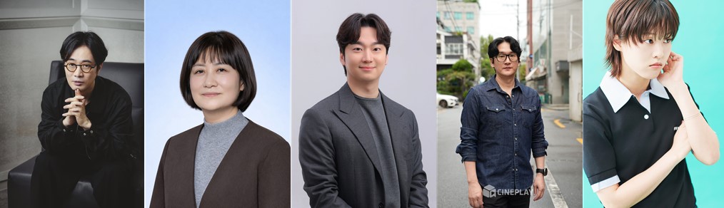 ▲‘코리아 숏드라마 어워즈’ 심사위원 5인(왼쪽부터) 민규동 감독, 모은영 원장, 한정수 감독, 김원진 감독, 이연 배우.(씨네플레이)