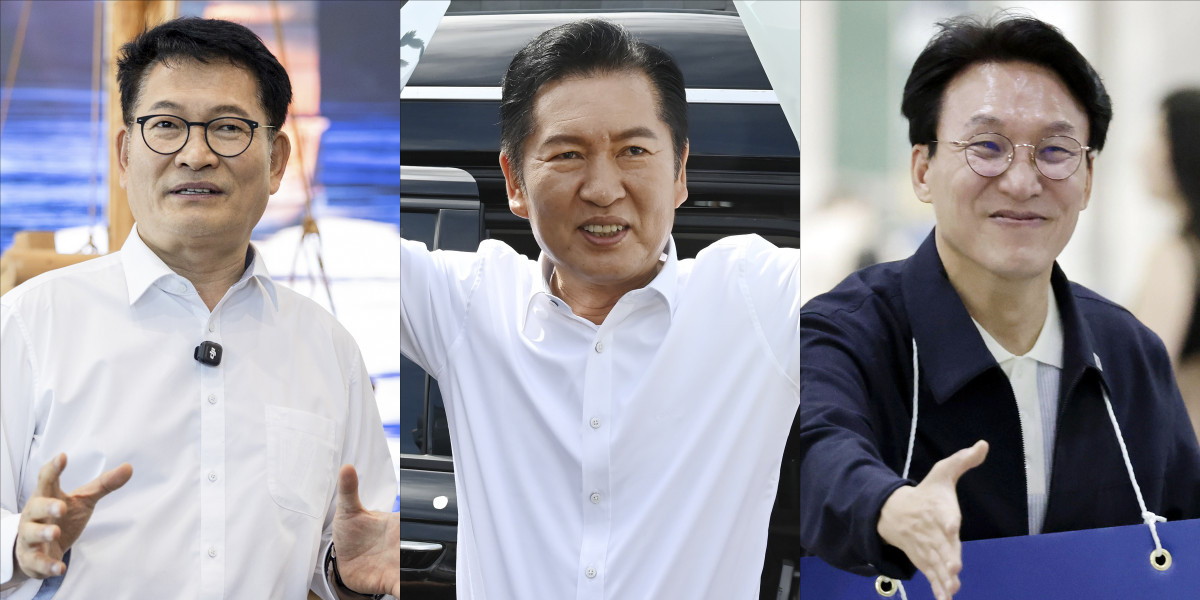 ▲송영길, 정청래, 김민석 더불어민주당 당대표 후보가 14일 전남광주 완도군, 경기 성남시, 서울 성동구에서 각각 일정을 하고 있다. (사진=뉴시스)