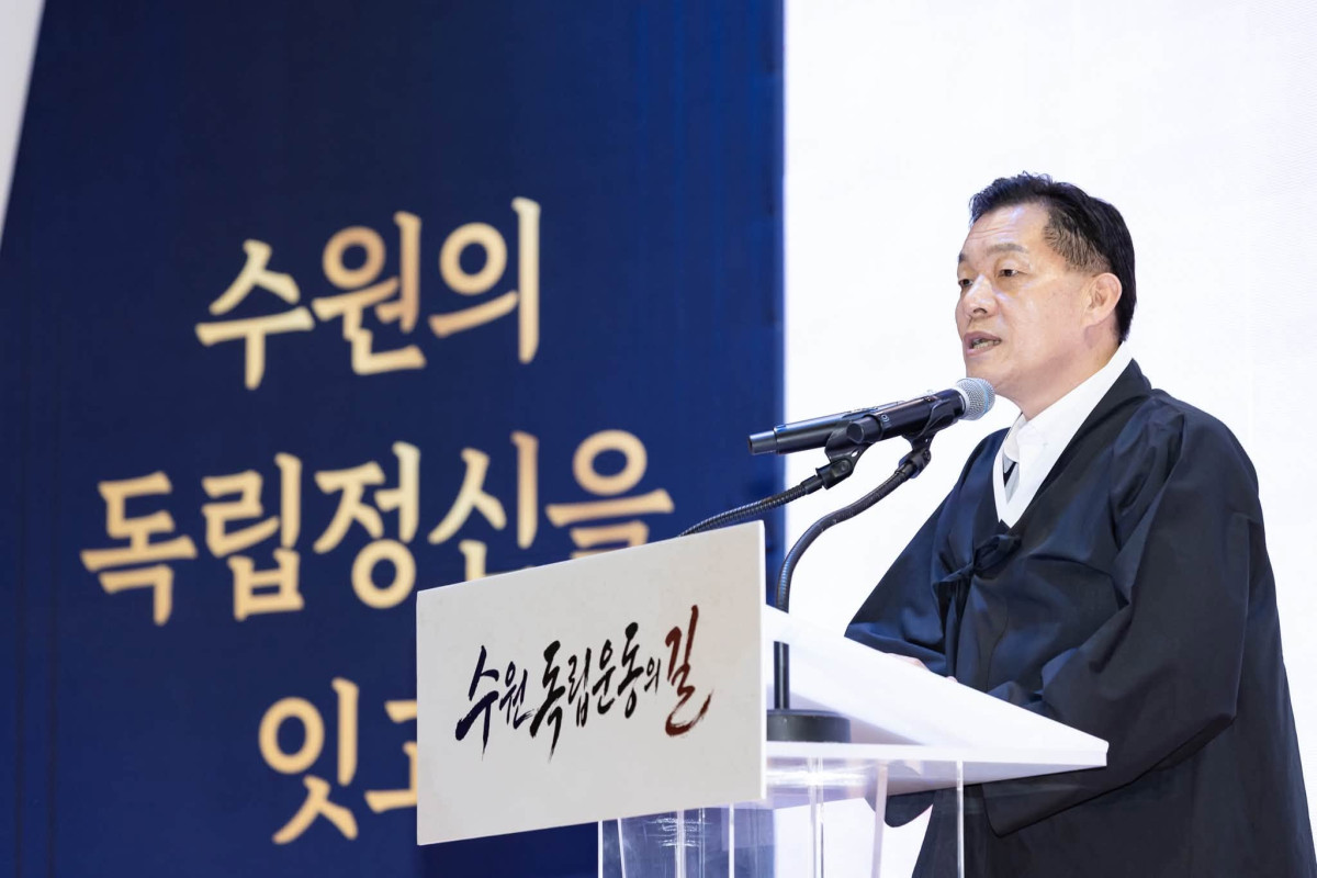 ▲이재준 수원특례시장이 15일 제81주년 광복절을 맞아 열린 ‘수원 독립운동의 길’ 시작 기념행사에서 수원의 독립정신을 이어가겠다는 뜻을 밝히고 있다. (이재준 수원시장 페이스북 캡처)