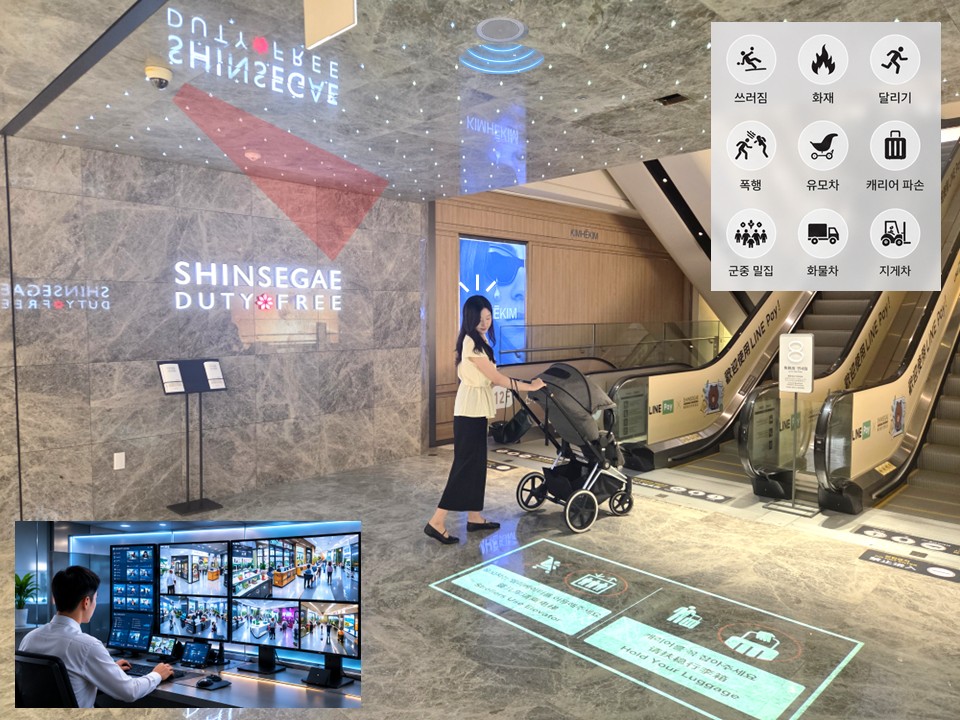 ▲신세계면세점에서 'AI Smart CCTV'가 에스컬레이터에 진입하려는 유모차를 감지해 바닥에 안전 경고 문구를 표시하고 있다. (사진제공=신세계면세점)