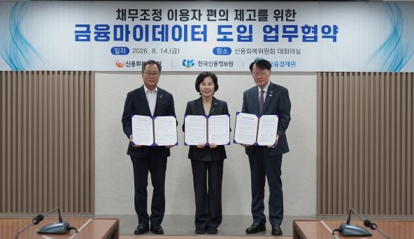 ▲14일 ‘금융마이데이터 기반 채무조정 이용자 편의 제고를 위한 업무협약 체결식’에서 채병득 금융결제원장(왼쪽부터), 김은경 신용회복위원회 위원장, 최유삼 한국신용정보원장이 기념촬영을 하고 있다. (사진제공=한국신용정보원)