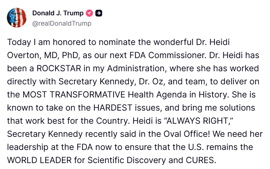 FDA 신임국장에 오버튼 백악관 정책보좌관 “지명"