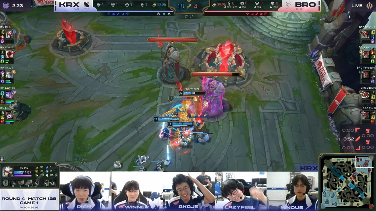 ▲20일 2026 LCK CL KRX vs BRO 1세트 경기 화면. 키움 DRX는 '레이지필' 쩐바오민의 유나라 펜타킬을 앞세워 그대로 넥서스를 파괴했다. (출처=네이버 치지직 'LCK CL' 채널 중계 화면 캡처)