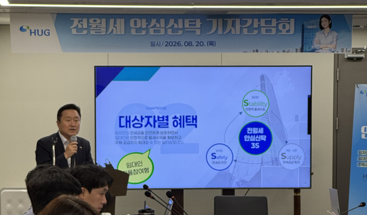 ▲최인호 HUG 사장이 20일 HUG 서울서부지사에서 '전월세 안심신탁' 제도에 대해 설명하고 있다. (사진제공=HUG)