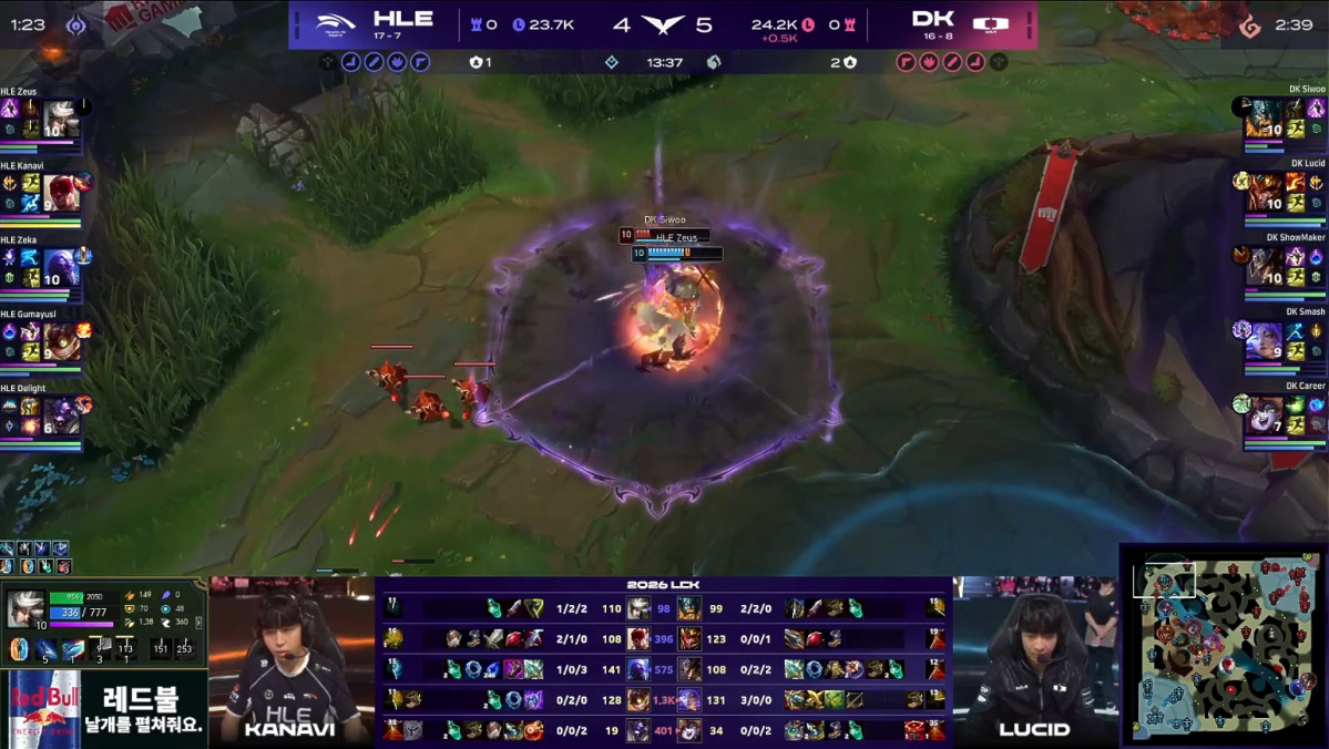 ▲20일 2026 LCK HLE vs DK 1세트 경기 화면. '제우스' 최우제의 카밀이 점멸과 궁극기 사용으로 '시우' 전시우의 올라프를 제압했다. (출처=네이버 치지직 'LCK' 중계 화면 캡처)
