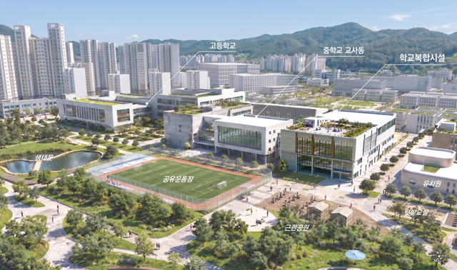▲경기주택도시공사(GH)가 하남교산지구 1생활권에 조성하는 '어울림(林) 캠퍼스' 조감도. GH는 21일 이 사업이 교육부 주관 '2026년 학교복합시설 2차 공모사업'에 최종 선정돼 국비 240억원을 확보했다고 밝혔다. 연면적 8790㎡, 지하 1층~지상 4층 규모로 생존수영장과 다목적체육관, 돌봄·육아공간 등이 들어선다. (GH)