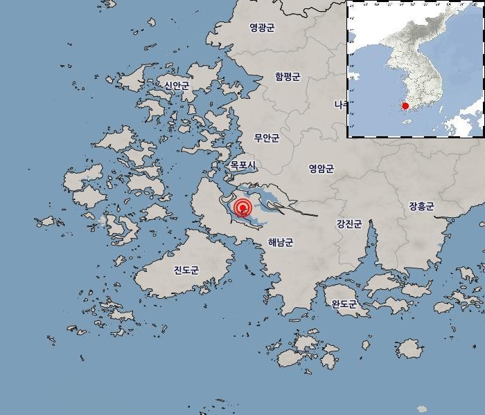 ▲23일 오전 6시 43분께 규모 3.1 지진이 발생한 전남광주 해남 서북서쪽 21㎞ 지점. (연합뉴스)