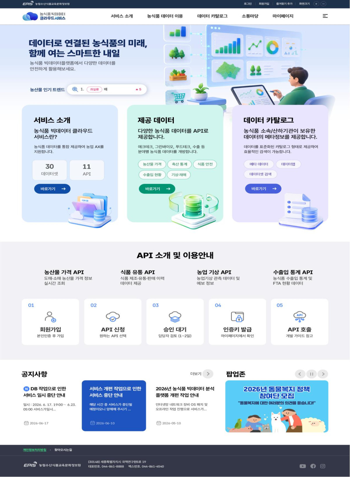 ▲농식품 빅데이터 클라우드 서비스 메인화면 (사진제공=농림축산식품부)