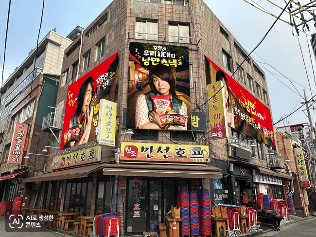 ▲롯데웰푸드, 꼬깔콘X만선호프 건물외관 연출 이미지. (사진제공=롯데웰푸드)