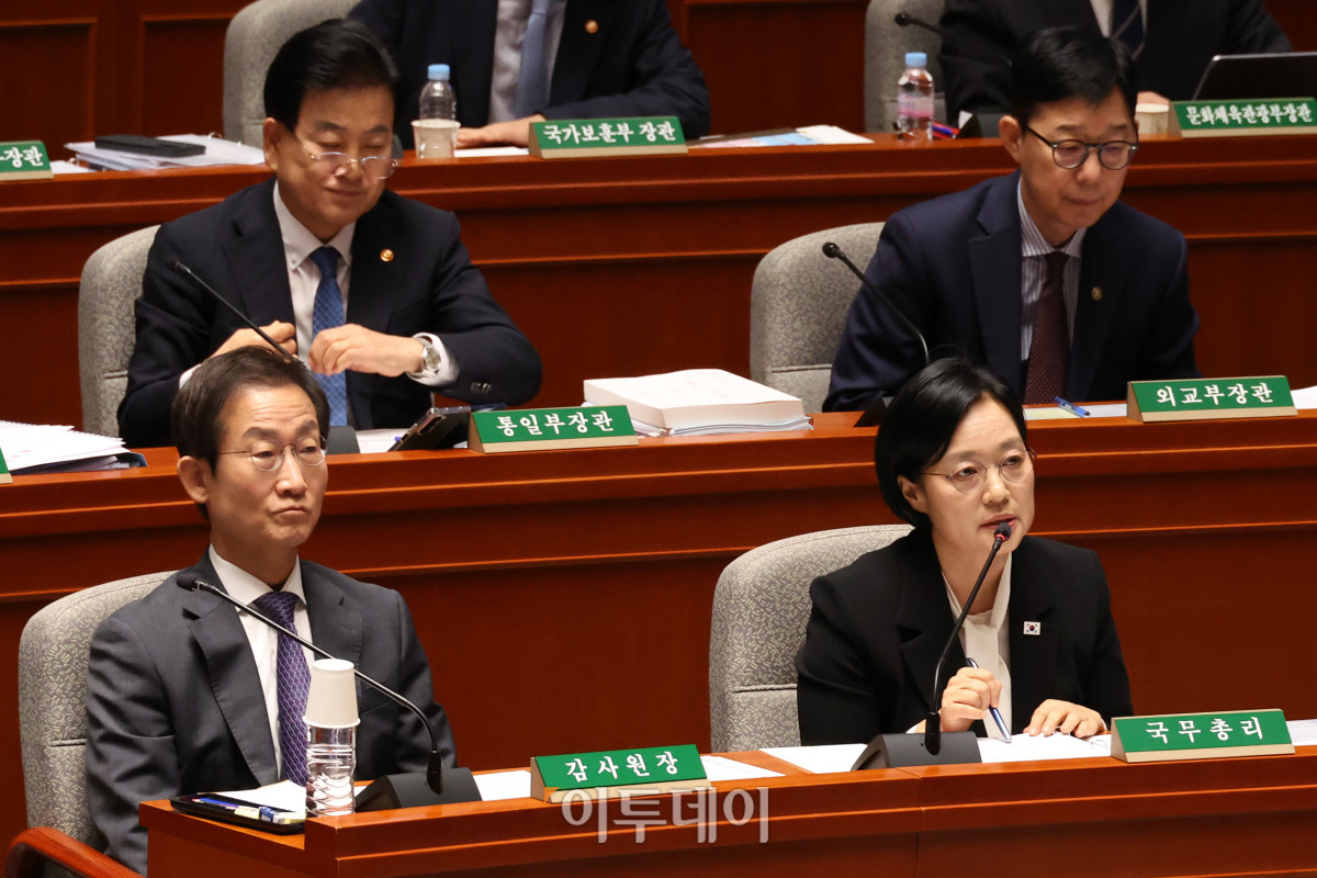 ▲한성숙 국무총리가 24일 서울 여의도 국회에서 열린 예산결산특별위원회 전체회의에서 의원 질의에 답하고 있다. 고이란 기자 photoeran@