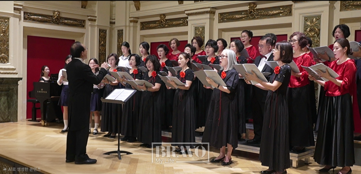 ▲12일 에어바르 잘에서 협연하는  비바브라보, 비엔나 한인 여성, 코리아 킨더코어 합창단의 모습. (홍명신 에이징커뮤니케이션 대표)