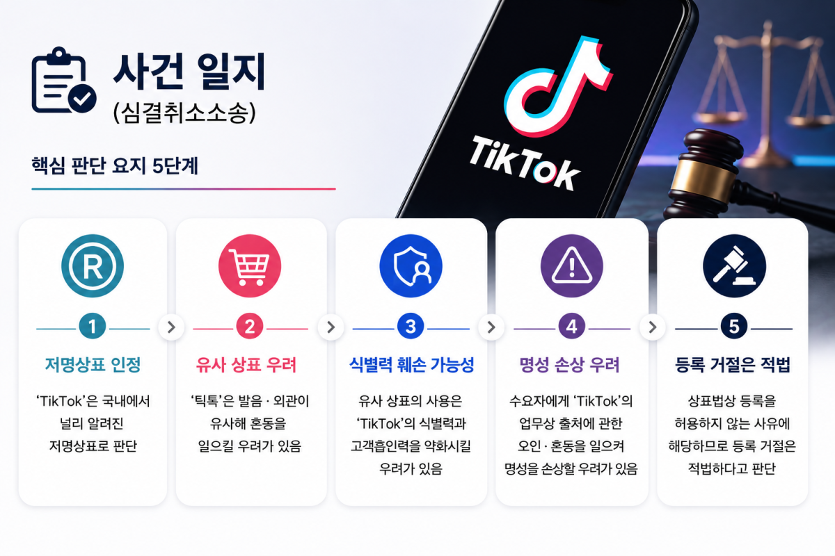 ▲특허법원이 ‘TikTok’의 저명성과 ‘틱톡’ 상표 사용에 따른 식별력·명성 훼손 우려를 인정한 핵심 판단 요지.(챗gpt에 의한 이미지 생성) (자료제공=특허심판원)