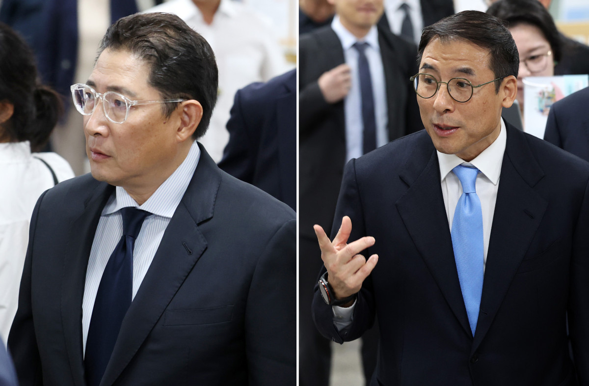 ▲조현문(오른쪽 사진) 전 효성 부사장이 28일 오후 서울 서초구 서울중앙지방법원에서 열린 강요미수 혐의 19차 공판에 출석하고 있다. 왼쪽 사진은 증인으로 출석하는 조현준 효성그룹 회장 (뉴시스)