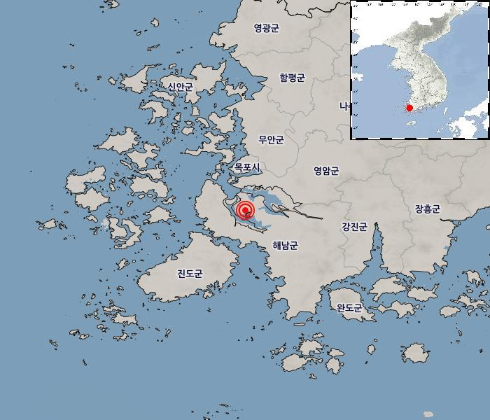 ▲전남광주 해남군 서북서쪽 21km 지역에서 지진이 발생했다. (출처=기상청 홈페이지)
