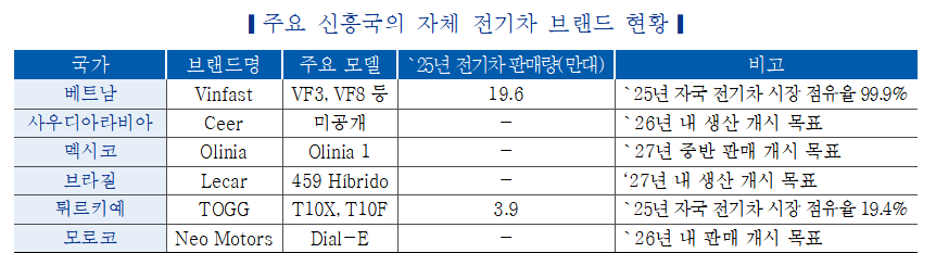 ▲주요 신흥국의 자체 전기차 브랜드 현황. (사진=한국자동차연구원)