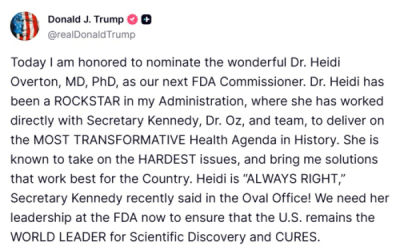 FDA 신임국장에 오버튼 백악관 정책보좌관 “지명"