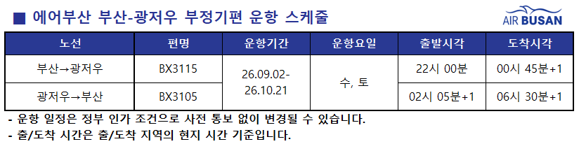 ▲에어부산 부산-광저우 부정기편 운항스케줄 (사진=에어부산)