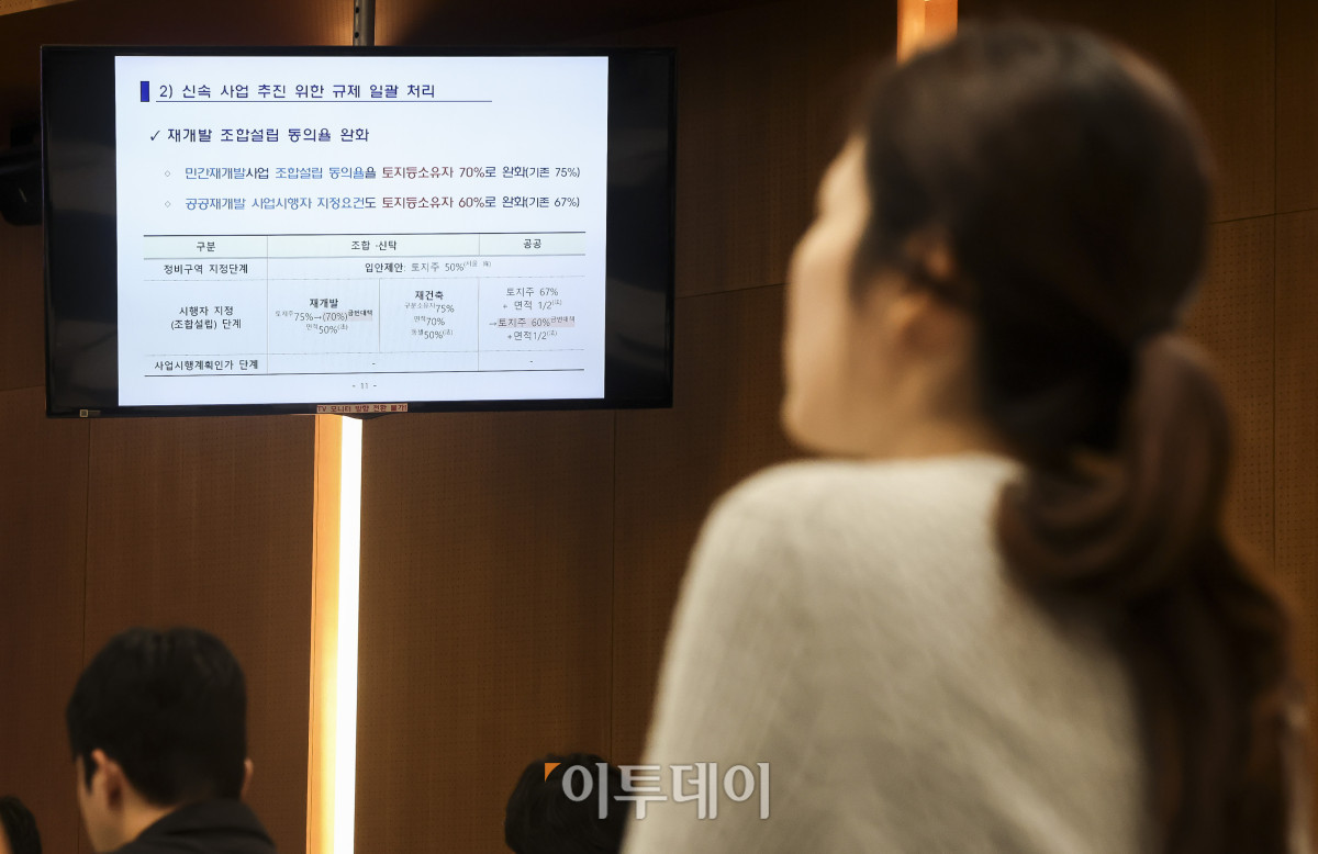 ▲1일 서울 중구 연세대학교세브란스빌딩 회의실에서 '2026 정비사업 정책방향 권역별 설명회'가 진행되고 있다. 이날 열린 설명회는 지난 13일 정부가 발표한 '주택 신속공급 방안'에 담긴 정비사업 정책 방향과 제도 개선 내용을 사업 이해관계자들에게 전달하기 위해 마련됐다. 주택도시보증공사(HUG)와 한국토지주택공사(LH), 한국부동산원도 참여해 이주비 대출 등 금융지원과 공공재개발 사업, 공사비 검증 등 정비사업 지원 제도와 관련해 설명한다. 고성준 기자 joonko1@