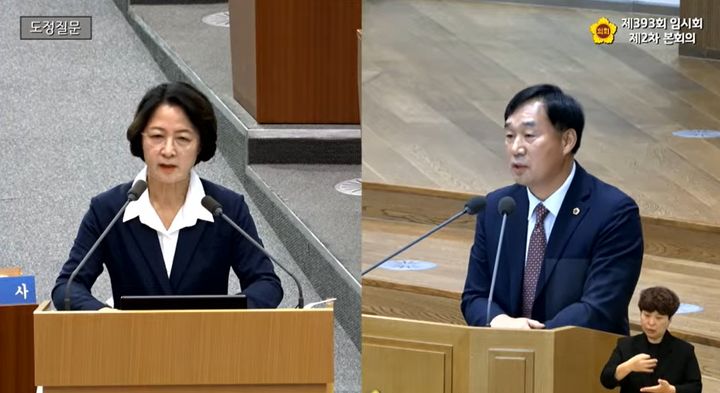 ▲추미애 경기도지사와 윤종영 국민의힘 경기도의원이 2일 경기도의회 제393회 임시회 제2차 본회의 도정질문에서 경기도 재정위기의 원인과 전임 도정의 책임을 놓고 질의·답변을 하고 있다. 
추 지사는 채무 증가 속도와 민선 8기 지방채 발행 등을 재정 비상 판단의 근거로 제시했다. (경기도의회 인터넷방송 갈무리)