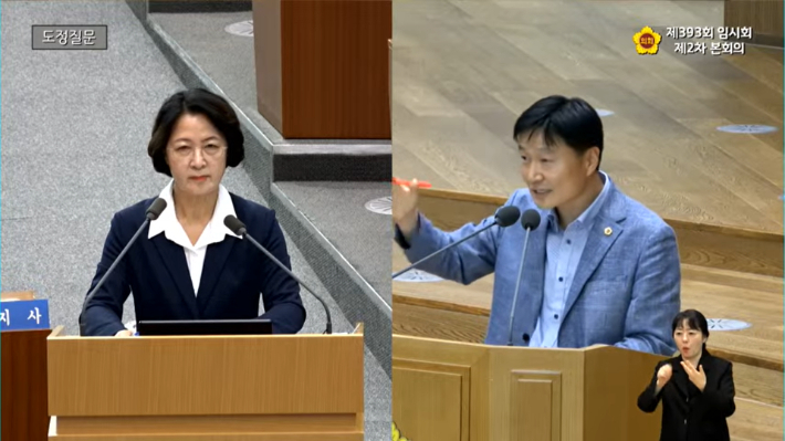 ▲2일 경기도의회 본회의장에서 열린 제393회 임시회 2차 본회의 도정질문에서 더불어민주당 김태희(안산2·사진 오른쪽) 의원과 추미애 경기지사의 도정질문을 하는 장면. (경기도의회 인터넷방송 갈무리)