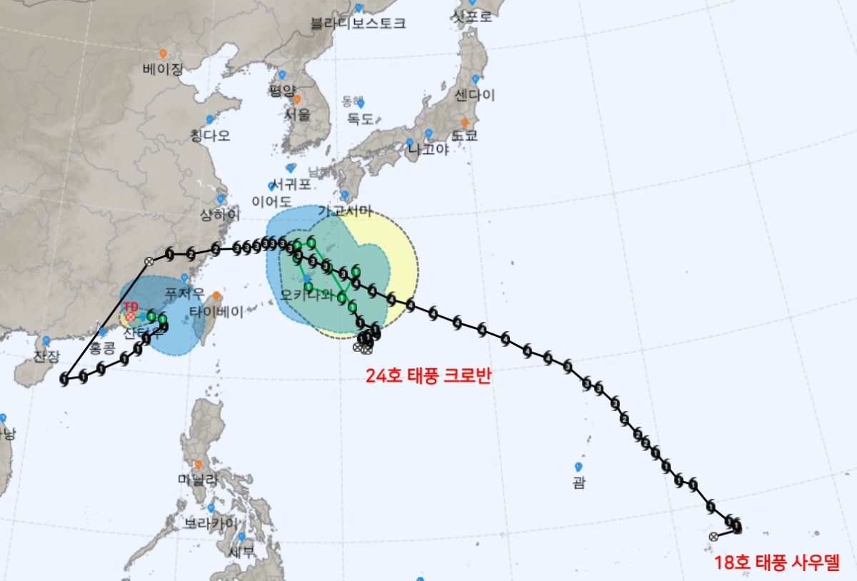 ▲제18호 태풍 '사우델', 제24호 태풍 '크로반' 예상 경로 (출처=기상청 날씨누리)