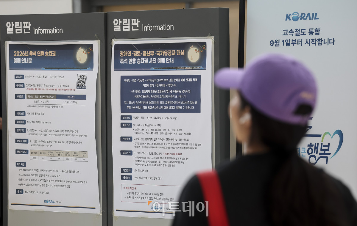 ▲코레일(한국철도공사)과 SR추석 귀성길 기차표 예매가 시작되는 3일 오전 서울 용산구 서울역 대합실에 2026년 추석 연휴 승차권 예매 안내 문구가 게재되어 있다. 승차권 예매는 정보 취약계층을 배려한 사전 예매와 일반 예매로 나뉘어 진행된다. 오늘부터 내일까지는 만 65세 이상 고령자, 등록 장애인, 임산부, 국가유공자 등 교통약자를 위한 사전 예매가 진행된다. 일반 회원을 대상으로 한  국민 예매는 9월 7일부터 11일까지 닷새간 매일 오전 7시부터 오후 13시까지 열린다. 고성준 기자 joonko1@