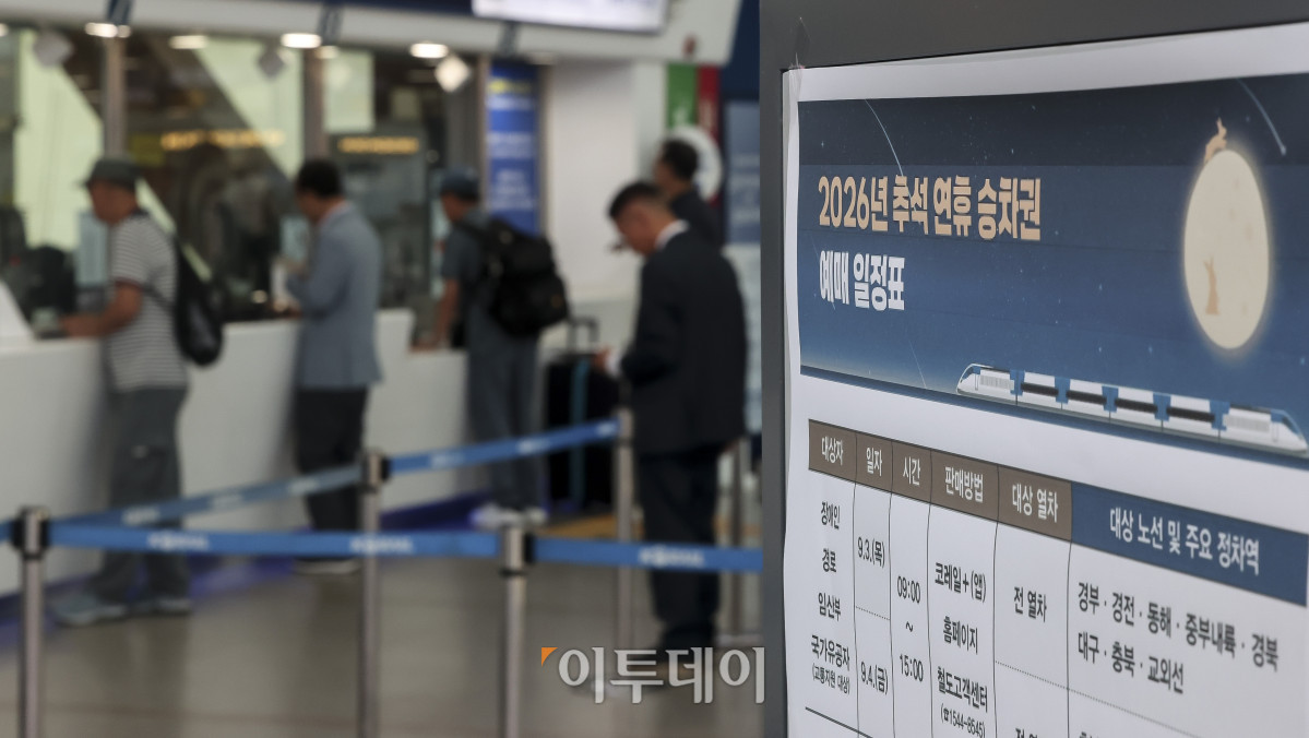 ▲코레일(한국철도공사)과 SR추석 귀성길 기차표 예매가 시작되는 3일 오전 서울 용산구 서울역 대합실에 2026년 추석 연휴 승차권 예매 안내 문구가 게재되어 있다. 승차권 예매는 정보 취약계층을 배려한 사전 예매와 일반 예매로 나뉘어 진행된다. 오늘부터 내일까지는 만 65세 이상 고령자, 등록 장애인, 임산부, 국가유공자 등 교통약자를 위한 사전 예매가 진행된다. 일반 회원을 대상으로 한  국민 예매는 9월 7일부터 11일까지 닷새간 매일 오전 7시부터 오후 13시까지 열린다. 고성준 기자 joonko1@