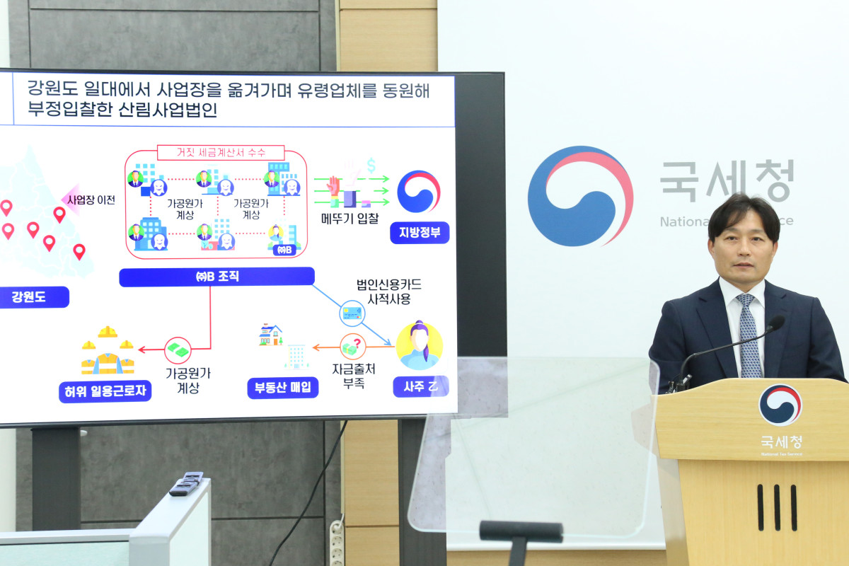 ▲이성글 국세청 조사국장이 3일 정부세종청사에서 거짓 세금계산서 수수와 가공원가 계상 등의 혐의가 확인된 산림사업 관련 10개 업체 세무조사 착수에 대해 브리핑하고 있다. (사진제공=국세청)