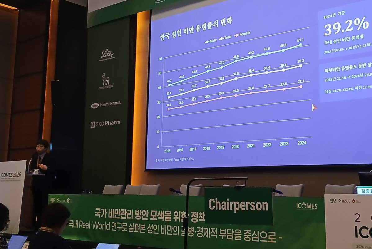 ▲3일 대한비만학회가 서울 여의도 콘래드 서울에서 국제학술대회(ICOMES 2026) 특별 정책세션 ‘국가 비만 관리 방안 모색을 위한 정책토론회’를 개최한 가운데 이청우 대한비만학회 보험법제위원(중앙보훈병원 가정의학과 교수)이 발표하고 있다. (한성주 기자 hsj@)