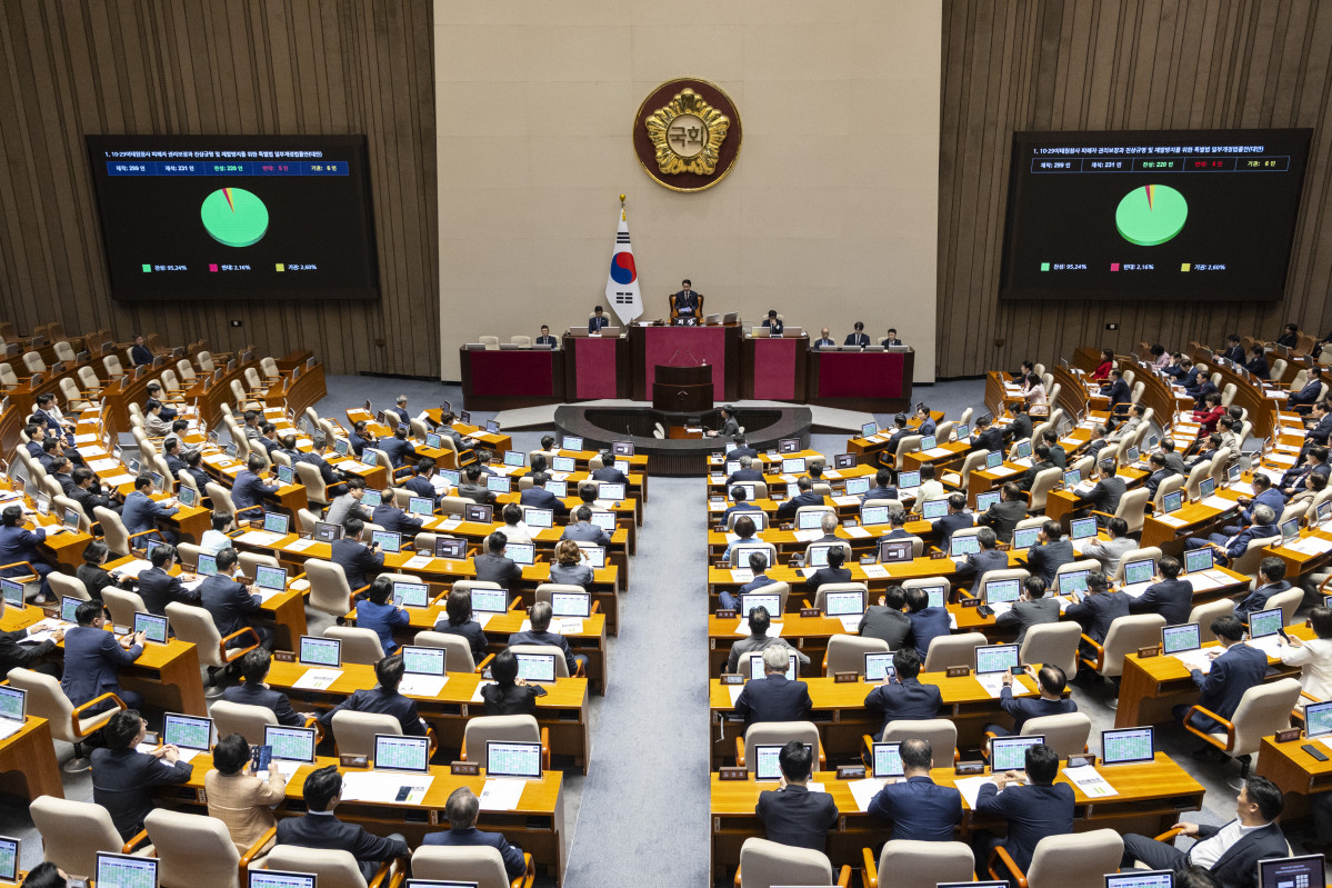 ▲3일 국회에서 열린 제439회 국회 정기회 2차 본회의에서 10·29 이태원참사 피해자 권리보장과 진상규명 및 재발 방지를 위한 특별법 일부개정법률안이 통과되고 있다. (사진제공=연합뉴스)
