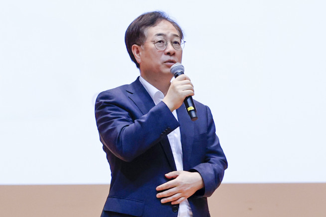 ▲권형택 기보 이사장이 '2026년도 제2차 경영전략워크숍'에서 모두발언을 하고 있다. (사진제공=기술보증기금)