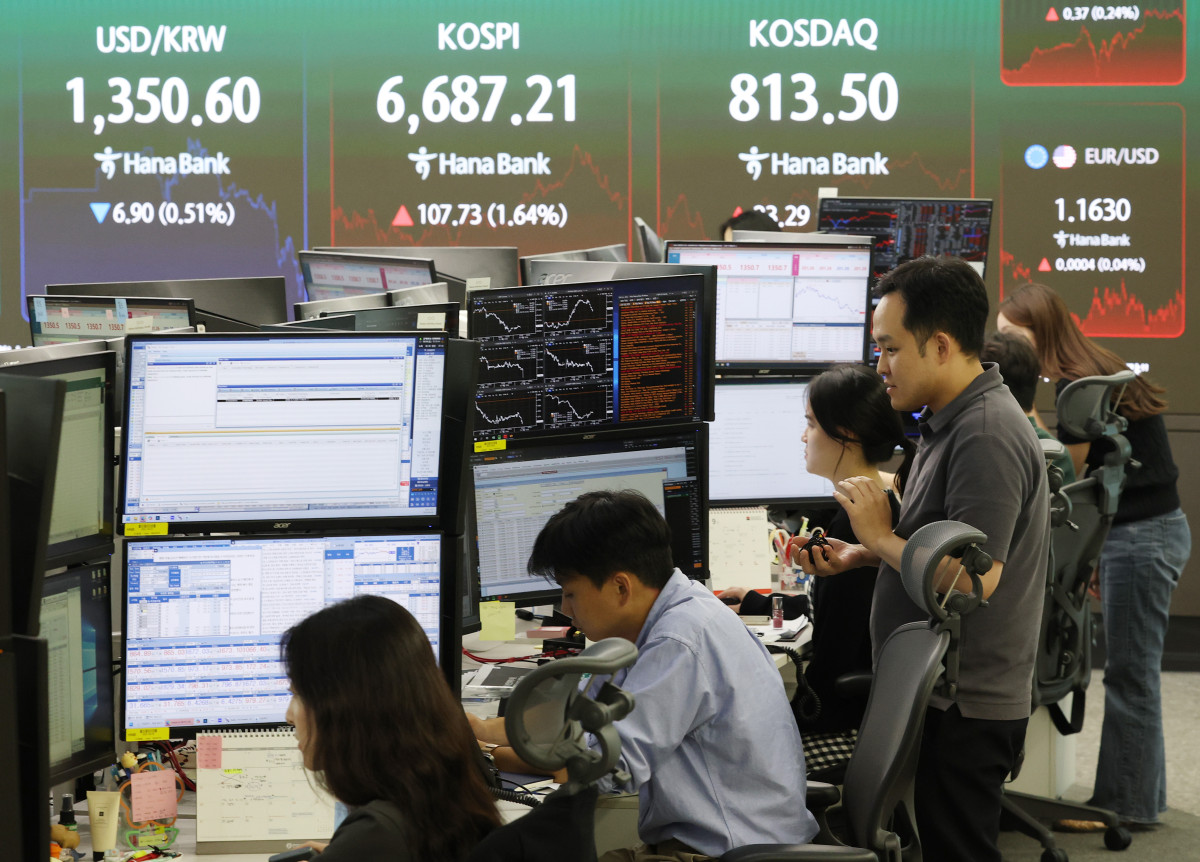 ▲<YONHAP PHOTO-3933> 코스피, 1.6% 올라 6,680대 마감…코스닥도 닷새만 반등 (서울=연합뉴스) 이지은 기자 = 4일 서울 중구 하나은행 딜링룸 현황판에 코스피, 코스닥, 원/달러 환율 등이 표시되고 있다. 이날 코스피는 전장보다 107.73포인트(1.64%) 오른 6,687.21에, 코스닥지수는 전장보다 23.29포인트(2.95%) 상승한 813.50에 거래를 마쳤다. 2026.9.4 jieunlee@yna.co.kr/2026-09-04 15:45:28/<저작권자 ⓒ 1980-2026 ㈜연합뉴스. 무단 전재 재배포 금지, AI 학습 및 활용 금지> (연합뉴스)